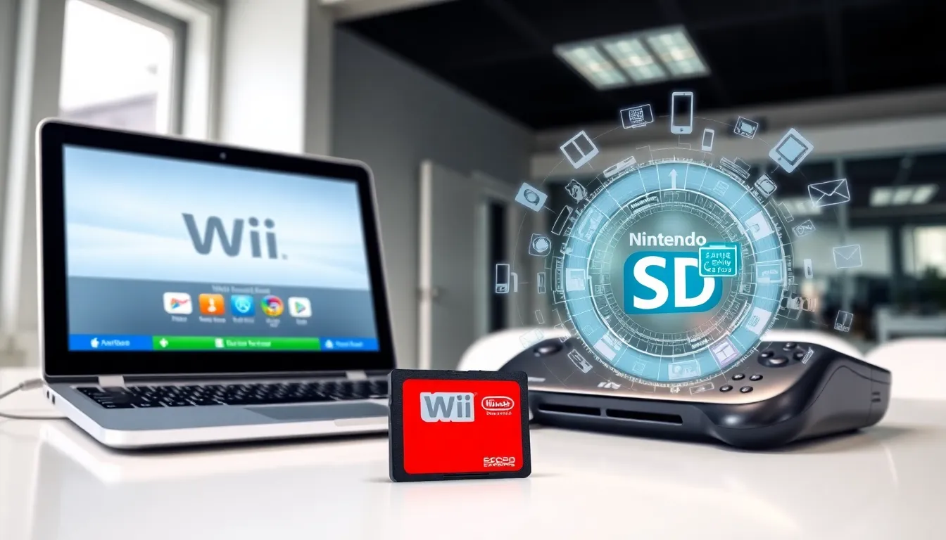 nintendo wii sd card alongside a modern laptop in a bright office.
