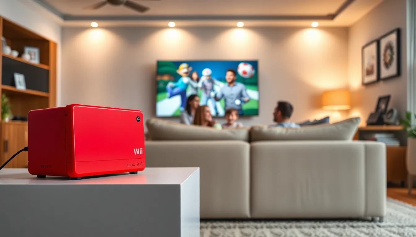 family playing Nintendo Wii Mini in a cozy living room.